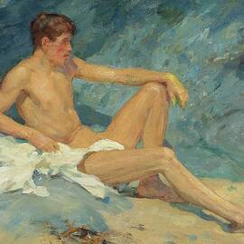A Male Nude Reclining On Rocks by Henry Scott Tuke