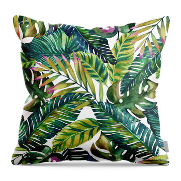 Tropical Green Leaves Pattern Throw Pillow