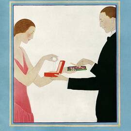 A Vogue Cover Of A Couple Exchanging Gifts by Andre E.  Marty