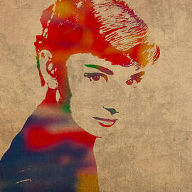 Audrey Hepburn Watercolor Portrait on Worn Distressed Canvas by Design Turnpike