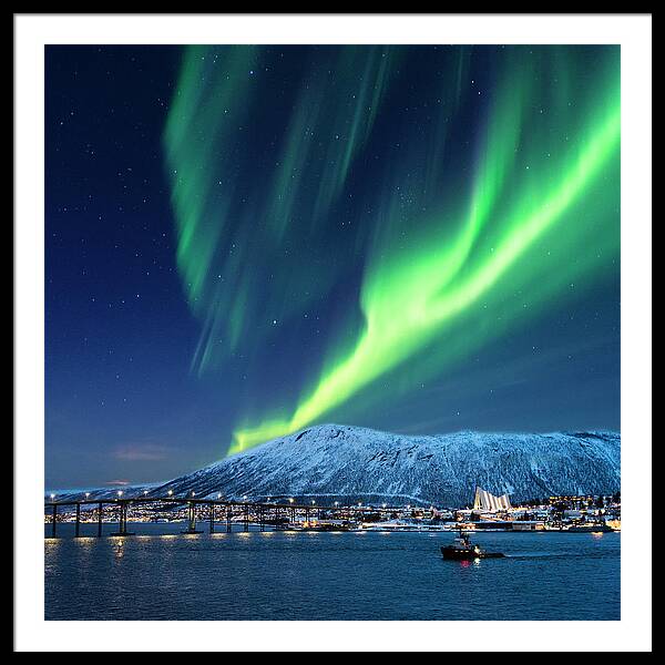 Aurora Borealis Over Tromso Port Framed Print