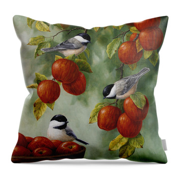 Bird Painting - Apple Harvest Chickadees Throw Pillow