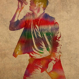 Chris Martin Coldplay Watercolor Portrait on Worn Distressed Canvas by Design Turnpike