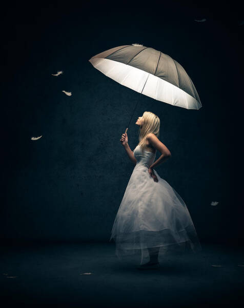 Girl With Umbrella And Falling Feathers Art Print