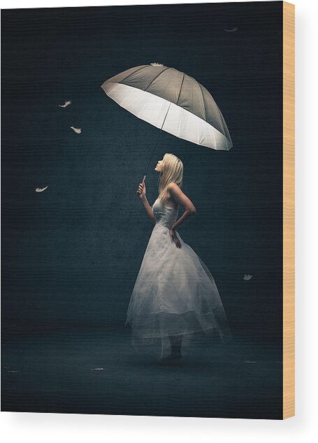 Girl With Umbrella And Falling Feathers Wood Print