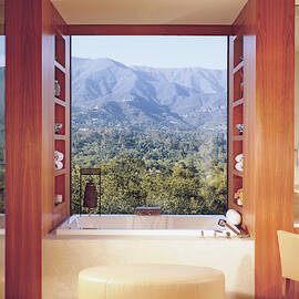 View Of Mountain Through Bathroom Window by Mary E. Nichols